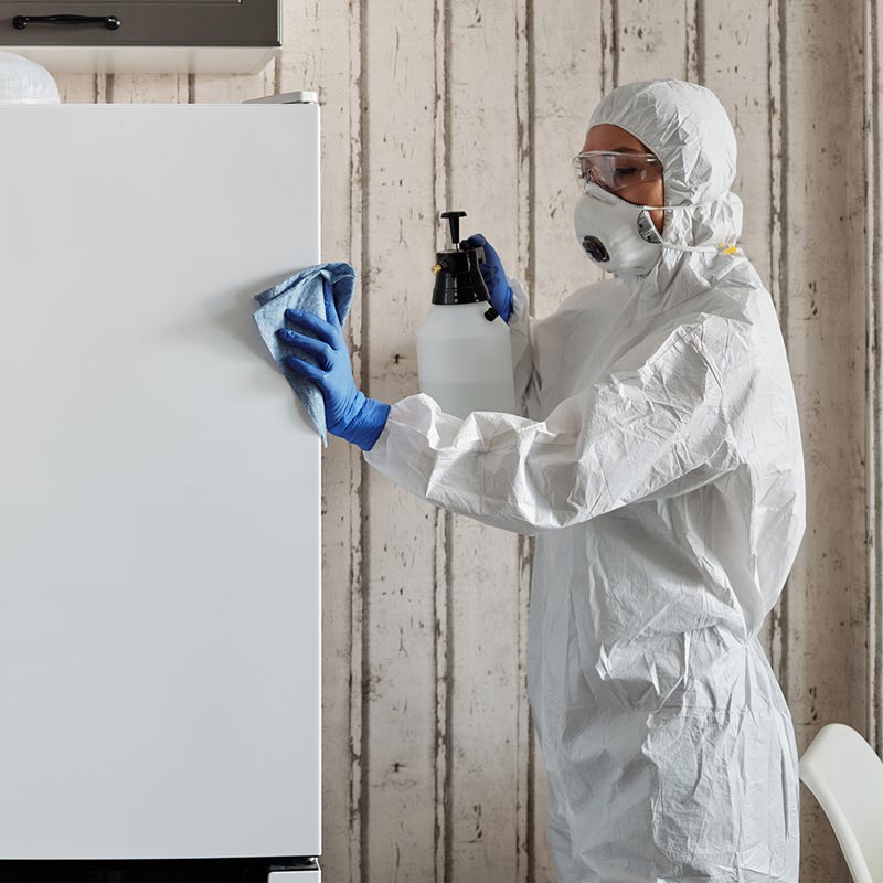 Mujer en traje aislante limpiando refrigerador
